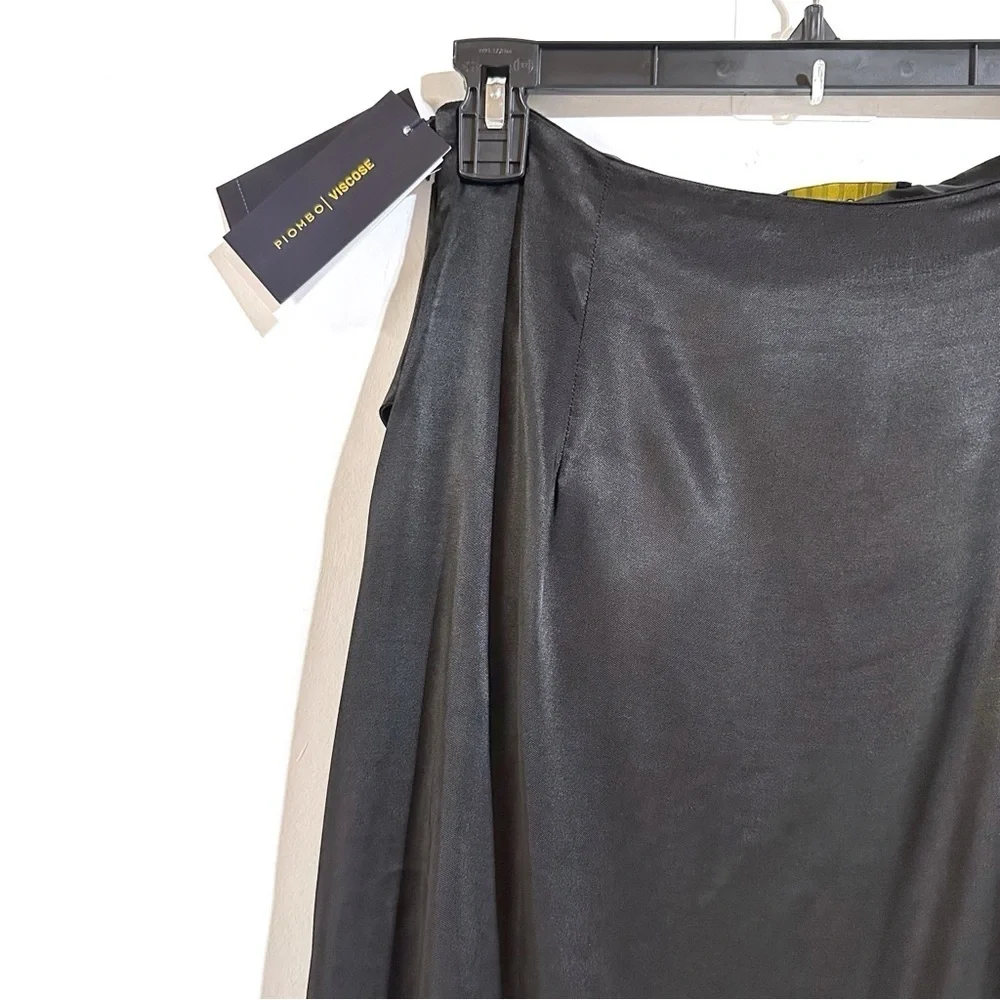 Piombo Silky Satin Faux Wrap Midi Skirt Ruching Front Slit In Black Sz 8 NWT